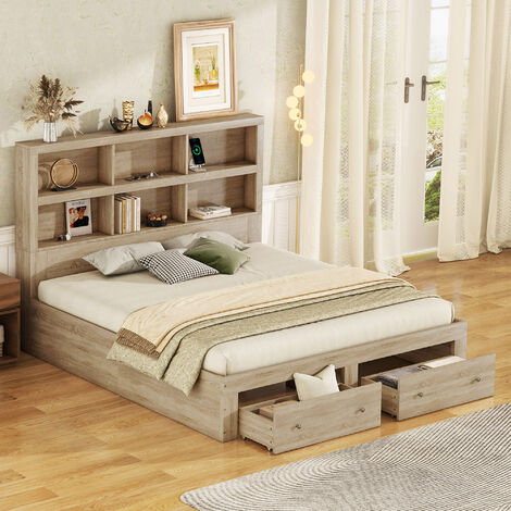 Lit double 160x200cm, bois massif, lit plateforme king size avec deux tiroirs au pied du lit, tête de lit avec rangements