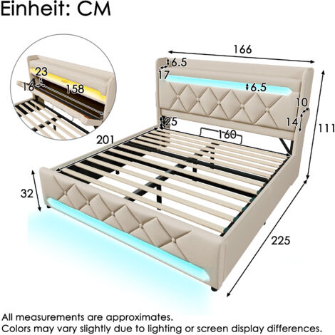 Lit double 160x200cm en lin beige,tête de lit avec USB/Type-C,LED 360° et rangement hydraulique,fourni avec matelas.