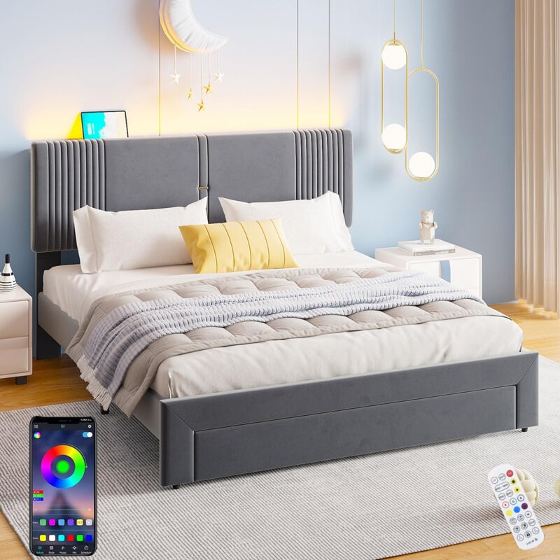 Lit double 160x200 cm, éclairage LED, tissu velours, avec 2 ports de chargement USB, tiroirs, lit adulte style moderne - gris