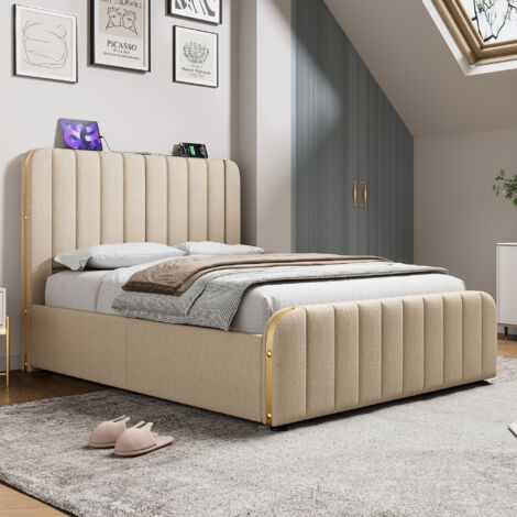 Lit double 160x200cm lin beige, rangement hydraulique, tête de lit USB-C et dorures