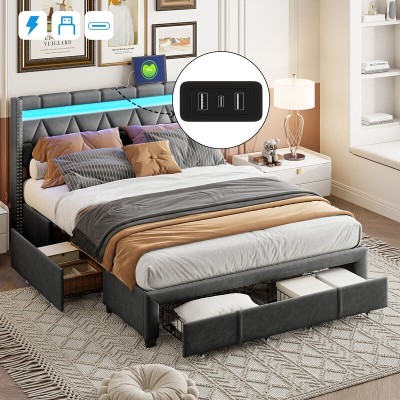 Lit double 160x200cm - lit adulte avec 3 tiroirs, sommier à lattes et tête de lit led avec port charge - lin gris