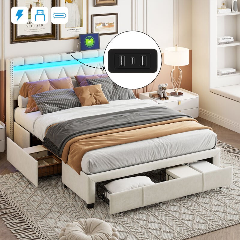 Lit double 140x200cm - lit adulte avec 3 tiroirs, sommier à lattes et tête de lit led avec port charge - lin beige