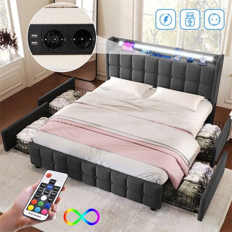 FORTUNA LAI Lit double 160x200cm, lit capitonné avec sommier à lattes, tête de lit LED rangement avec recharge USB, lin, gris