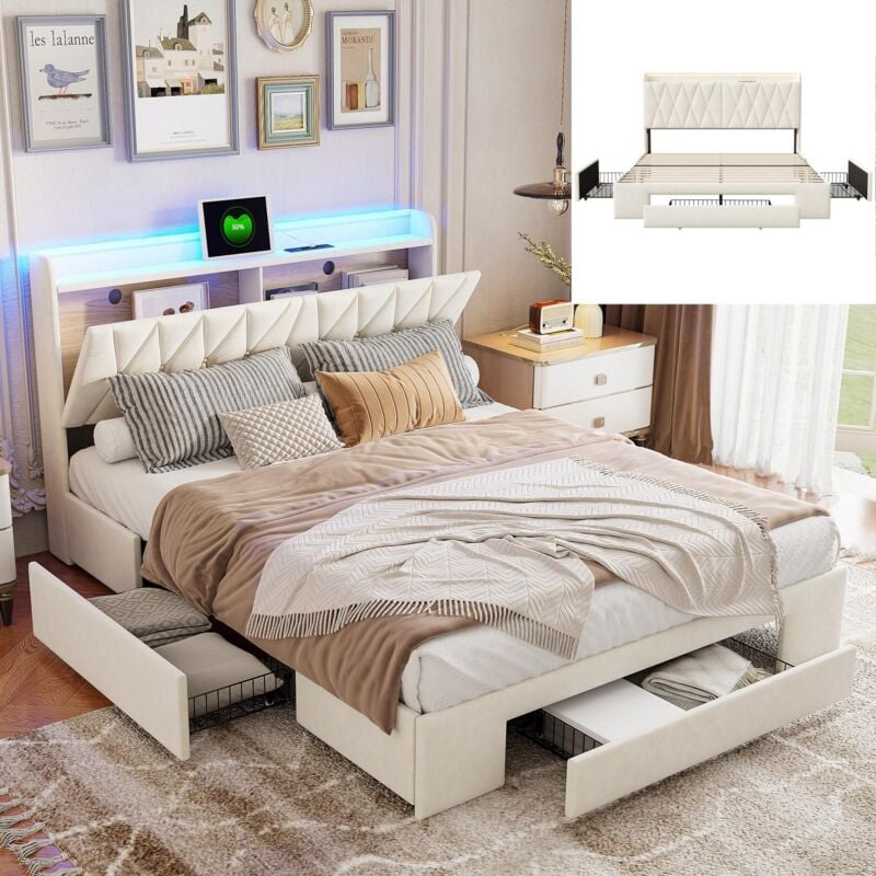 Lit double 140x200cm - lit plat led avec 3 tiroirs, sommier à lattes et tête de lit rabattable avec prise usb/c - velours beige