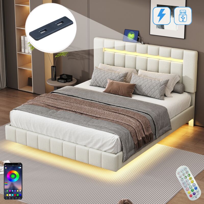 Lit double 160x200 cm, avec éclairage led, ports de chargement usb, cadre de lit suspendu, lit adulte capitonné en lin - beige