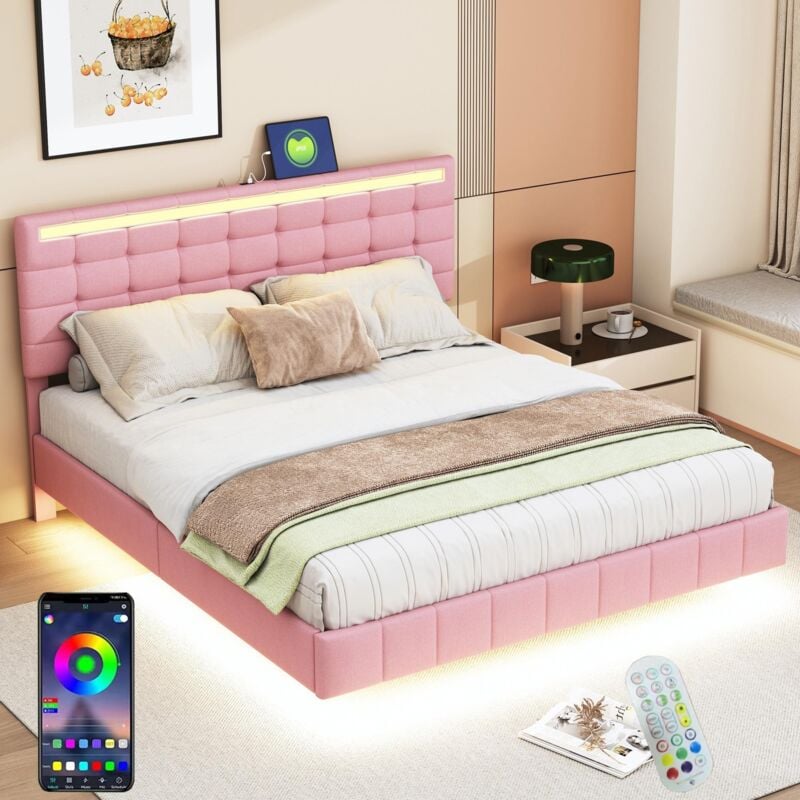 Dans Les Nuages - Lit double 160x200 cm, avec éclairage led, ports de chargement usb, cadre de lit suspendu, lit adulte capitonné en lin - Rose