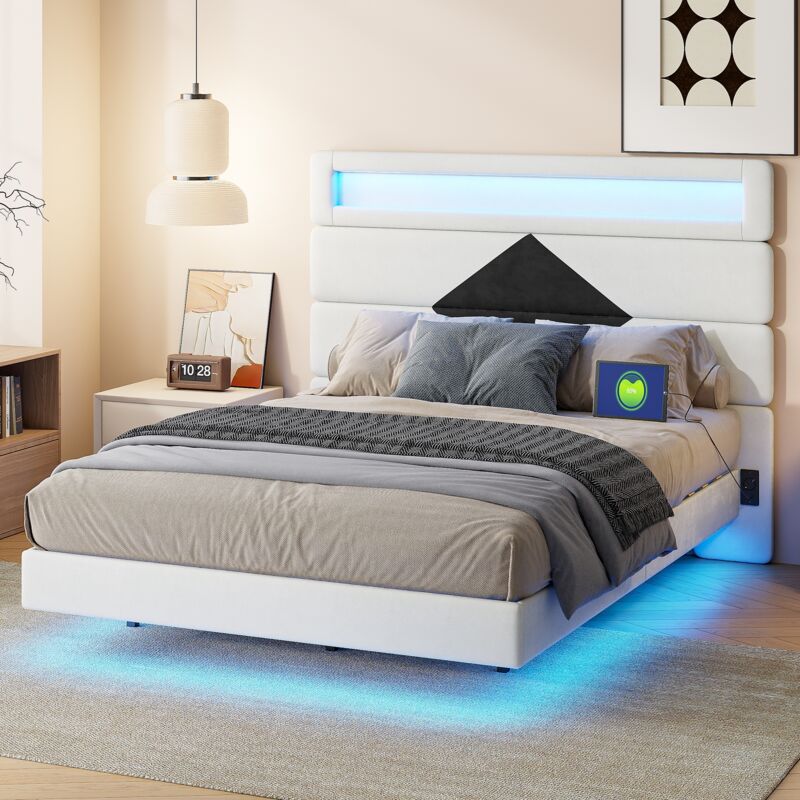 Dans Les Nuages – Lit double 140x190 cm en velours – Éclairage LED et