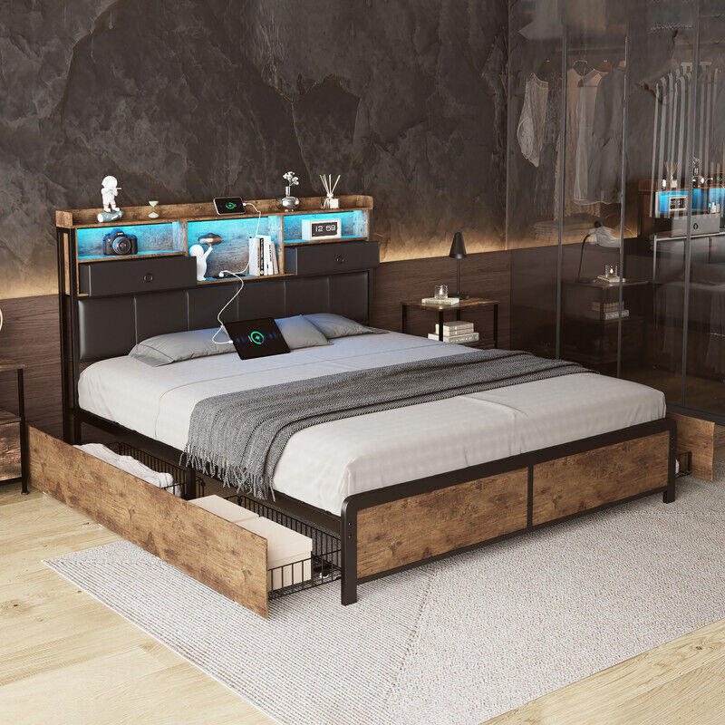 Lit Double 160×200 cm ,4 Tiroirs de Rangement ,Tête de Lit avec Coussins ,Lumières LED RGB Réglables et Prises USB ,Structure Acier et Bois,