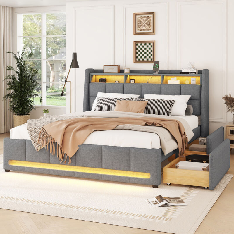 Modernluxe - Lit double 140x200cm tissu en lin - avec 2 tiroirs + led + prise usb - Gris