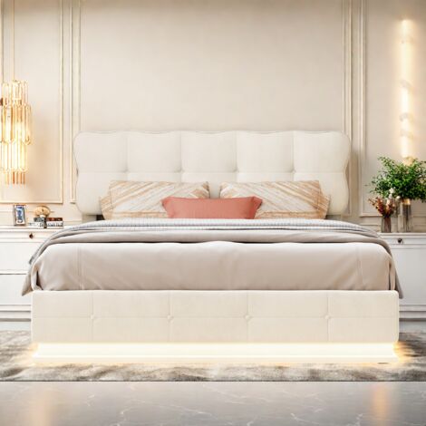 Lit Double 160x200cm,Éclairage LED sous Le Couchage,Lit Coffre avec Sommier à Lattes,Velours Capitonné en Tête de Lit,cadre de lit Pour Adultes et Adolescents,Beige