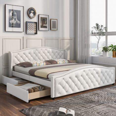 Lit double (180 x 200 cm) avec rangement intégré, lattes en bois, tête de lit capitonnée, couleur blanche