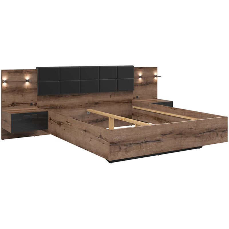 Lit double 180x200 + 2 tables de chevet éclairage LED coloris Chêne marron foncé/Chêne noir - Longueur 206 x Profondeur 185-285 x Hauteur 42-98,5 cm