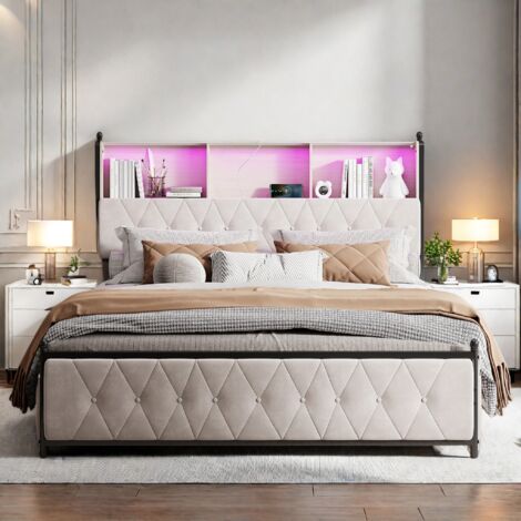Lit Double 180x200 avec sommier, Cadre de Lit avec 4 tiroirs,Lit 2 Personnes avec USB et LED, Tete de Lit avec Rangement, lit pour Adultes et Adolescents,Beige,velours