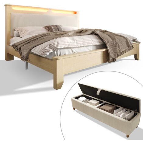 Lit double 180x200 bois avec banquette et tête de lit storage velours beige, éclairage LED - chêne clair - (sans matelas)