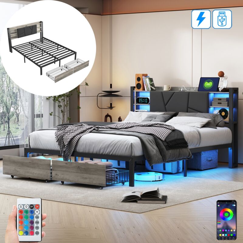 Lit double 160x200 cm, avec 2 tiroirs, LED, port USB, étagères de rangement, sommier à lattes, cadre en métal, APP, lit adulte capitonné en