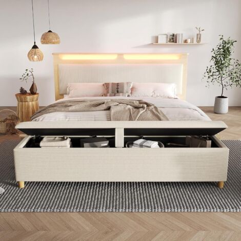 Lit double 180x200 cm avec banc de lit et éclairage LED, Lit Adulte en bois, Tête de lit rembourrée en velours côtelé avec rangement
