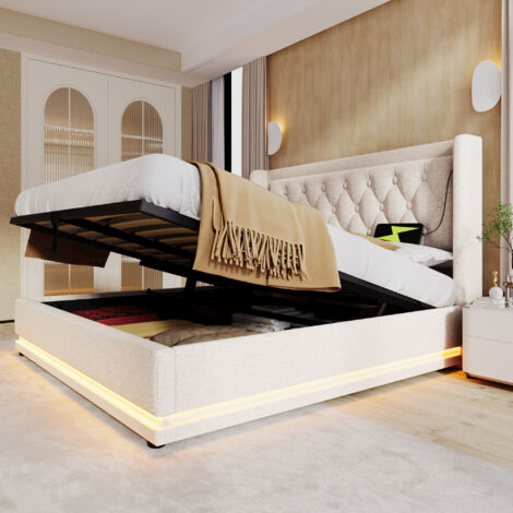 Lit double 180x200 cm, avec rangement hydraulique, tête de lit rembourrée avec ports USB/Type-C, LED 3 côtés, design moderne, coton - beige