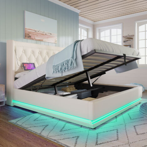 Lit double 180x200 cm, avec rangement hydraulique, tête de lit rembourrée avec ports USB/Type-C, LED 3 côtés, sans matelas, similicuir (PU) - blanc