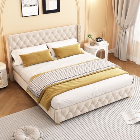 Lit double 180x200 cm, avec tête de lit en boutons et clous décoratifs, sommier à lattes en bois, cadre en métal, style classique, lit capitonné - Beige clair
