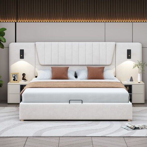 Lit double 180x200 cm avec tête de lit en velours - lampes de lecture pivotantes avec ports USB - stockage hydraulique - beige