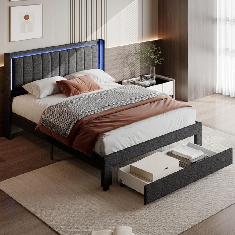 Lit double 160x200 cm, 1 tiroir au pied du lit, éclairage led, ports usb et Type-C, sommier à lattes, cadre en métal, lin, convient aux adultes et