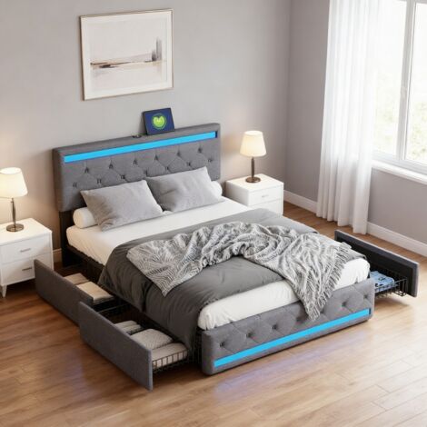 Lit double 180x200 cm, LED et USB, tete de lit capitonnée, 4 tiroirs, tissu en lin, Cadre de lit 180x200 avec sommier à lattes, gris