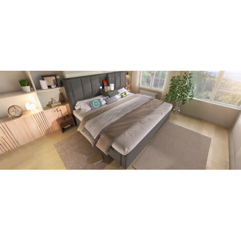 Lit double 180x200 cm, support couette, station chargement appareils, lit hydraulique, rangement sous lit, sommier pied inclus, matelas lin gris, sans matelas.