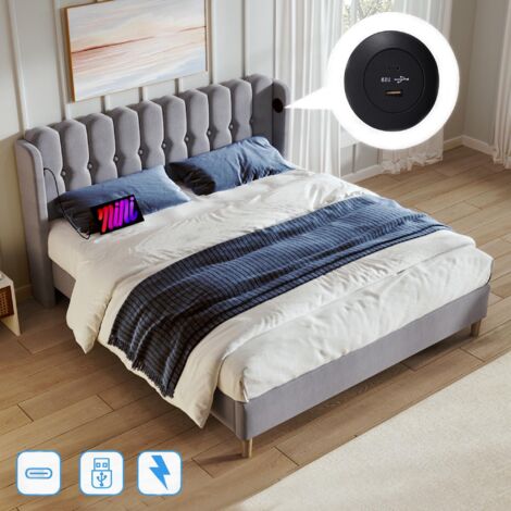 Lit double 180x200 cm, tissu Lin, avec ports de charge USB, sommier à lattes, lit adulte capitonné, style moderne - gris
