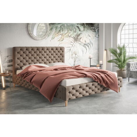 Lit double 180x200 Felix - Glamour Design, Lit adulte avec sommier à lattes et tête de lit, tissu velours - Brun (Paros 03)