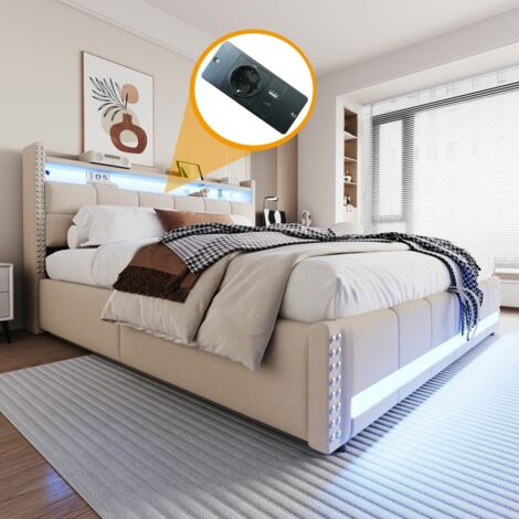 Lit double 180x200 rembourré beige avec éclairage LED, prise USB, tête de lit rangement et mécanisme levage hydraulique intégré (sans Matelas)
