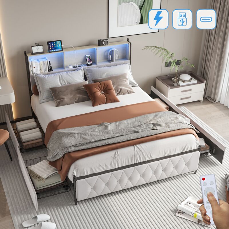 Lit double 160x200 cm, avec 4 tiroirs, éclairage led, usb fonction de charge c, 3 étagère, sommier à lattes en bois, lit capitonné en velours - Beige