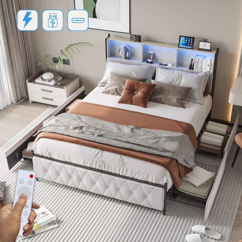Lit double 140x200 cm, avec 4 tiroirs, éclairage LED, USB fonction de charge C, 3 étagère, sommier à lattes en bois, lit capitonné en velours - Beige