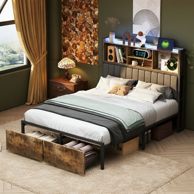 Lit double 140x200cm - cadre en fer avec 2 tiroirs et tête de lit rangement led avec port charge - style industriel - Noir