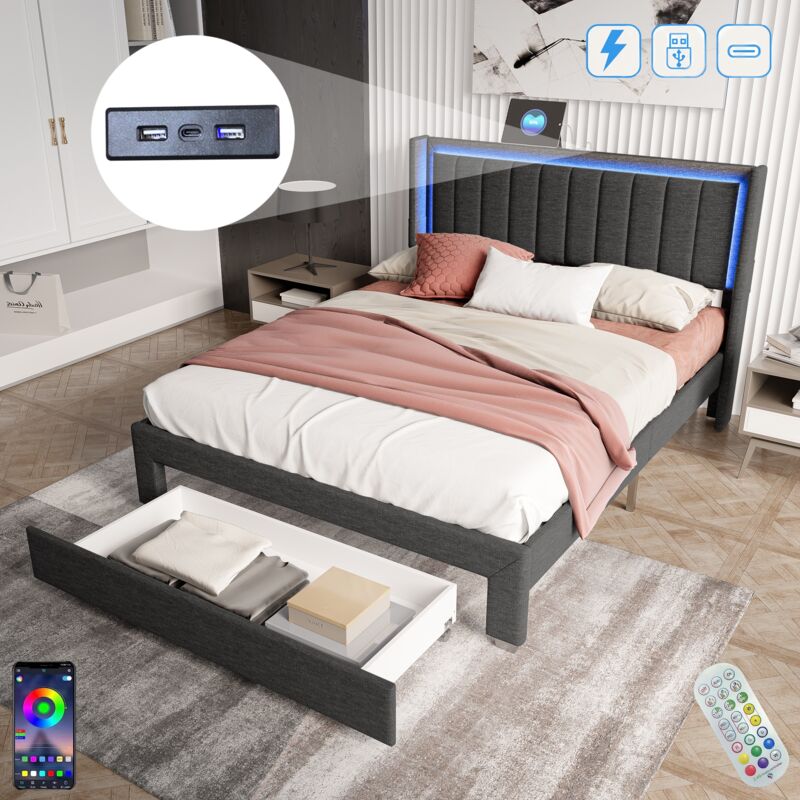Lit double 140x200 cm en lin, avec éclairage led, tiroir, usb fonction de charge, Tête de lit haute, style Moderne, lit adulte capitonné - gris