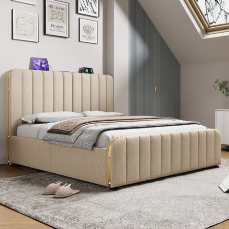 Lit double 180x200cm lin beige, rangement hydraulique, tête de lit USB-C et dorures