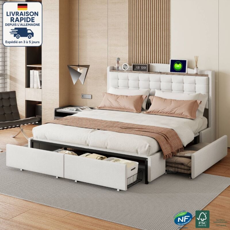 Lit double 4 tiroirs 160x200cm, lin, sans matelas, lit adulte, usb, beige