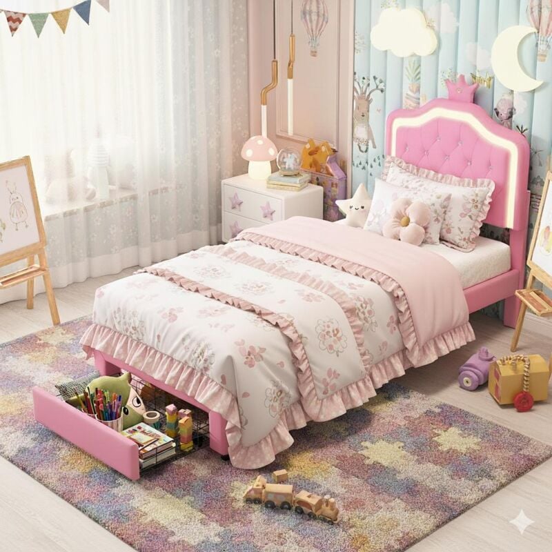 Lit simple 90x200 cm, avec tête de lit éclairée led, tête de lit à boutons couronne avec deux tiroirs, tissu simili cuir, sommier à lattes, adapté