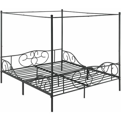 Lit double à baldaquin en métal noir solide lattes métalliques 180 x 200 cm 030005288