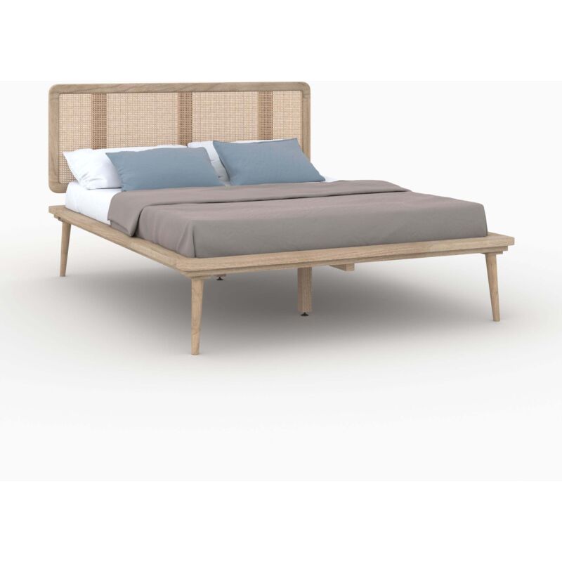 Lit double 140x190 cm en bois et cannage - adik
