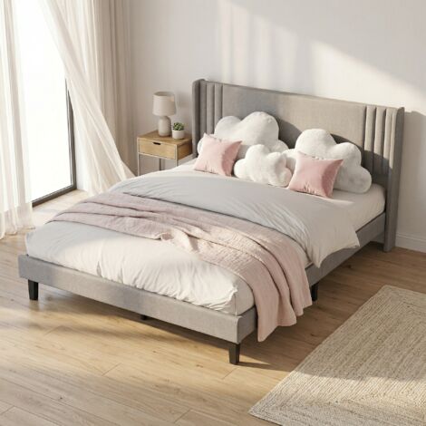 Lit double adulte 140x200 cm en tissu lin,Cadre de Lit tapissé pour Adultes 2 Personnes,tête de lit côtelée,sommier à lattes en bois et cadre métallique – Design moderne scandinave,Gris – Capacité de