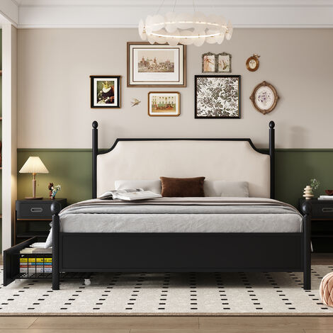 Lit double adulte 140x200cm avec 2 tiroirs, Cadre en métal, Sommier à lattes inclus, Grand espace de rangement, Assemblage facile, Noir