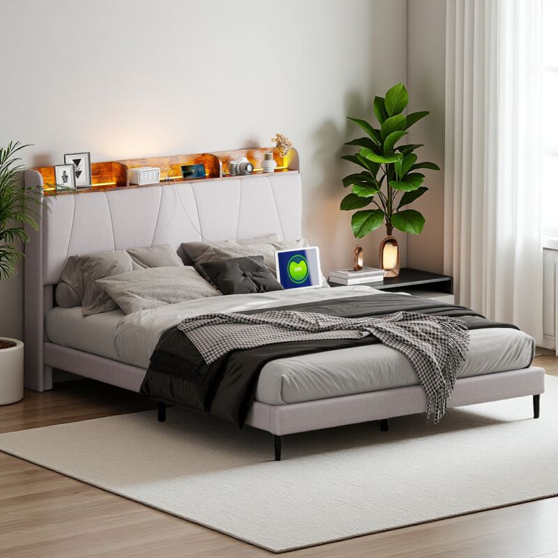 Tanant - Lit 160x200cm - tissu lin, cadre de lit, tête de lit rangement avec 2 usb/ 1tpcy-c, , éclairage led, cadre à lattes, lit double, lit adulte