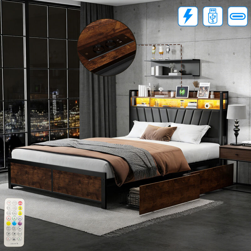 Lit double adulte 160×200 avec 4 tiroirs de rangement et sommier métallique - Cadre de lit avec chargement USB et type C - APP Control LED - PU