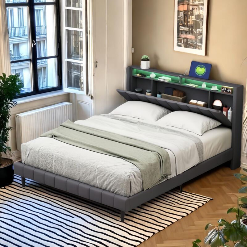 Tanant - Lit double adulte 160x200 cm - avec tête de lit rangement , éclairage led et chargement usb, sommier à lattes, adapté aux adolescents, lit