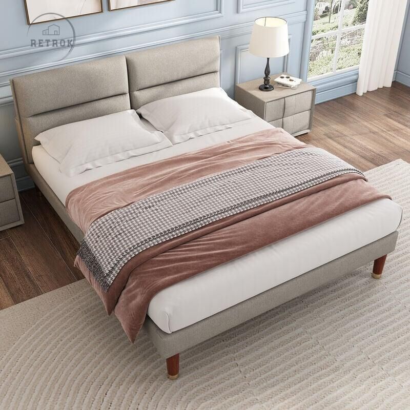 Retrok - Lit double adulte 160x200 cm - lit capitonné avec tête de lit réglable et sommier à lattes en bois, lin - beige