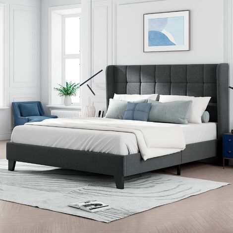 Lit double adulte capitonné 140 x 200 cm - avec sommier à lattes et tête de lit, style scandinave - tissu lin Gris-LBF