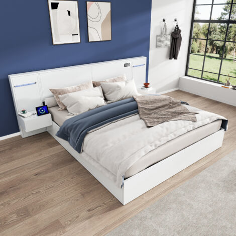Lit double adulte connecté avec chevets 160x200 blanc OKMYHOME