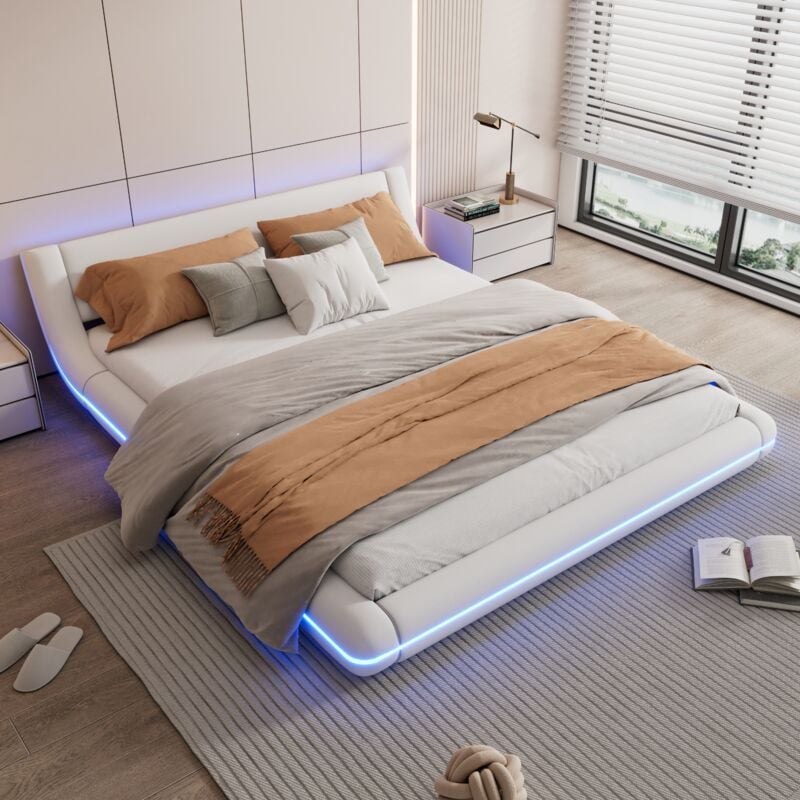 Modfu - Lit double adulte blanc 160x200cm, led, pu, ​​sommier à lattes, sans matelas