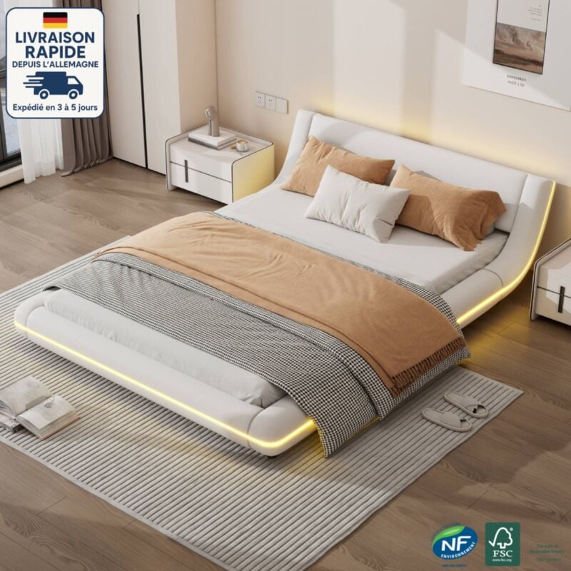 Modfu - Lit double adulte blanc 140x200cm, led, pu, sommier à lattes, sans matelas