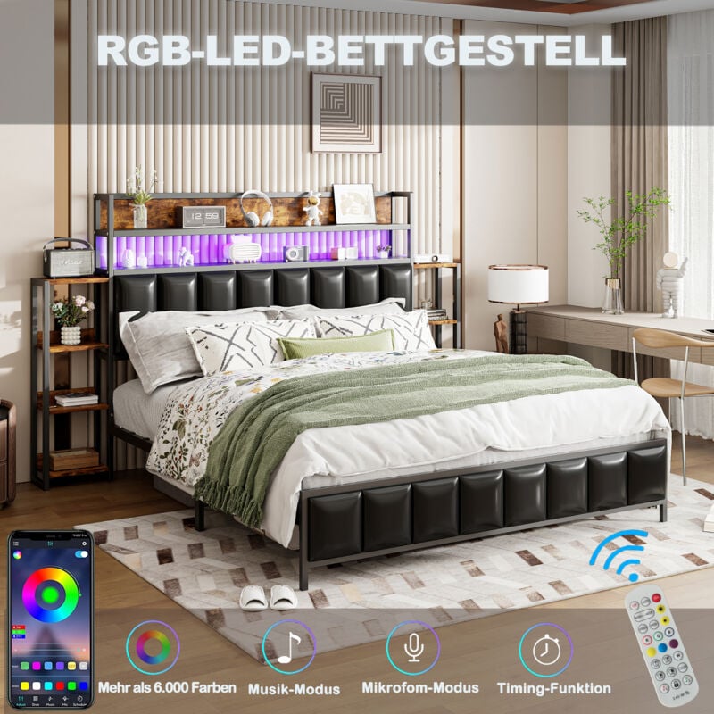 Modfu - Lit double adulte, simili cuir et métal, tête de lit avec étagère, led, sans matelas, 160x200cm, noir